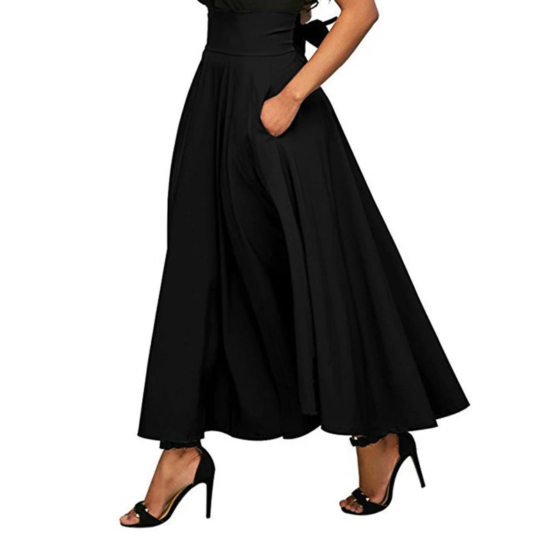 High Waist Pleated Long Skirts Women Vintage Flared Full Skirt Swing Satin Dress - Image 3