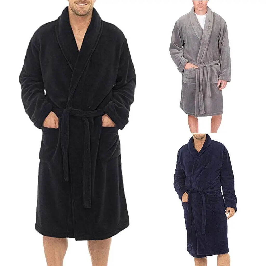 Fashion Men Winter Robes Warm Lengthened Plush Shawl Bathrobe Home Sleepwear Robe Coat - Image 3