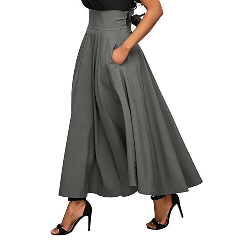 High Waist Pleated Long Skirts Women Vintage Flared Full Skirt Swing Satin Dress - Image 5