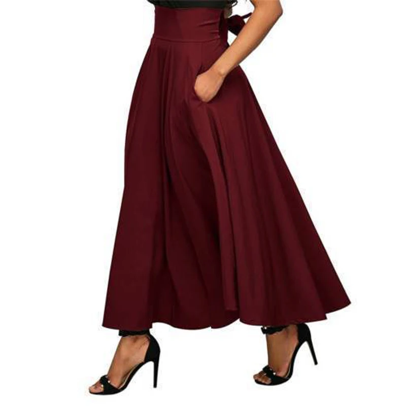 High Waist Pleated Long Skirts Women Vintage Flared Full Skirt Swing Satin Dress - Image 2