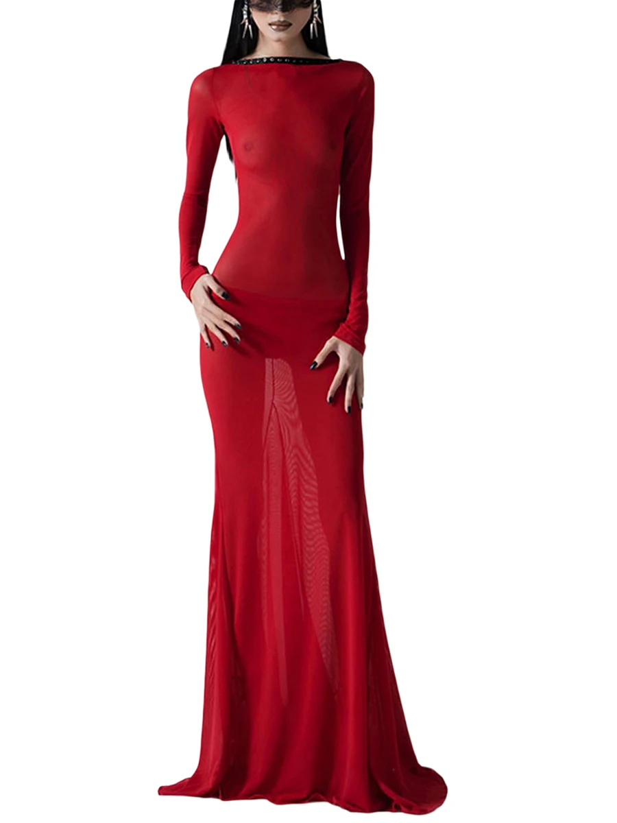 Women See-Through Bodycon Long Dress Solid Color Mesh Sheer Dress Long Sleeve Cross Tie-Up Backless Evening Party Dress - Image 4