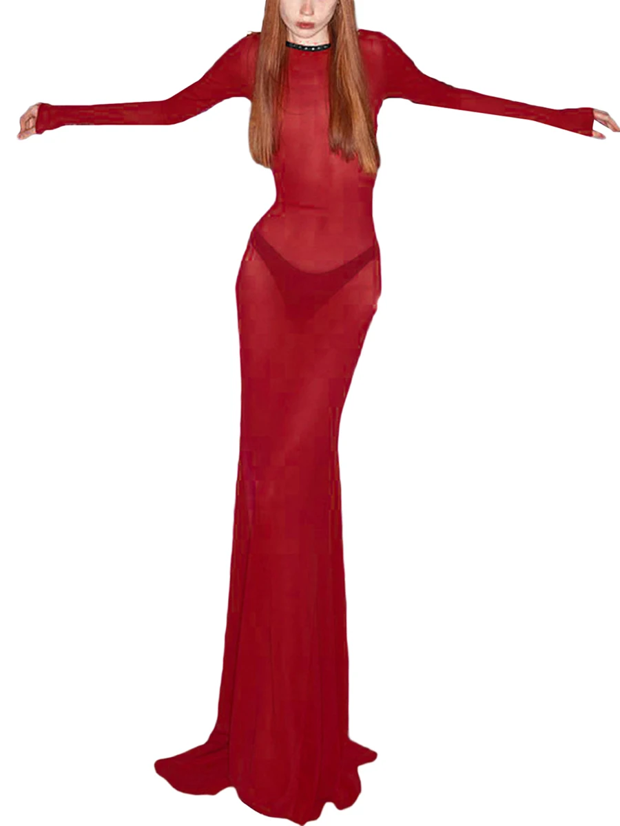 Women See-Through Bodycon Long Dress Solid Color Mesh Sheer Dress Long Sleeve Cross Tie-Up Backless Evening Party Dress - Image 6