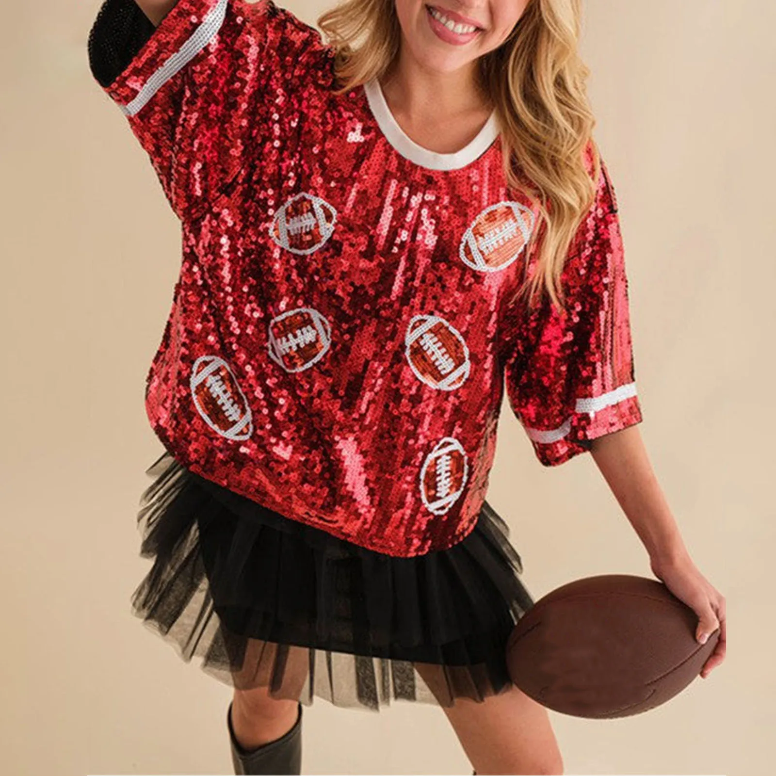 Women's Fashion Sequin T Shirts Tops Round Neck Short Sleeve Rugby Print T Shirts Cheerleading Costume Ball Game Sports Tops - Image 2