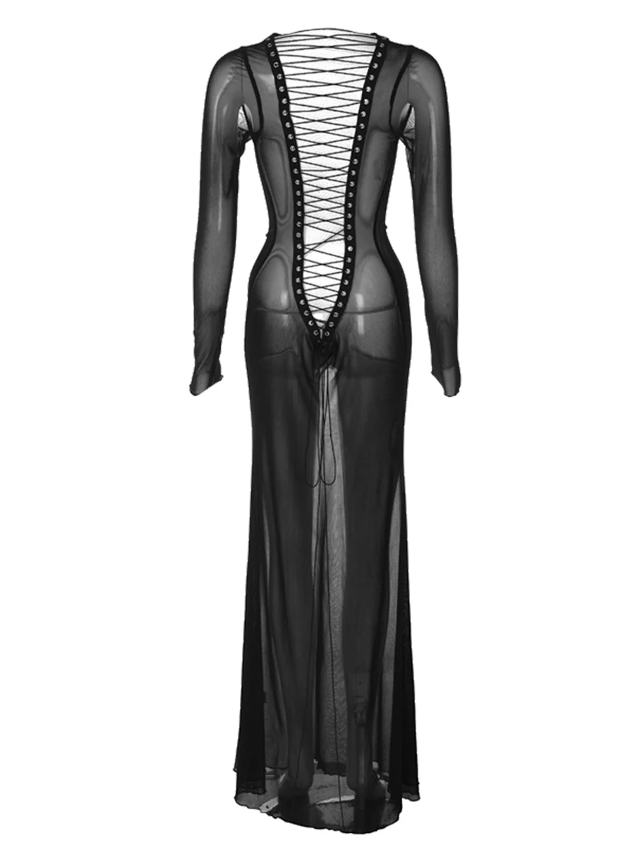 Women See-Through Bodycon Long Dress Solid Color Mesh Sheer Dress Long Sleeve Cross Tie-Up Backless Evening Party Dress - Image 3