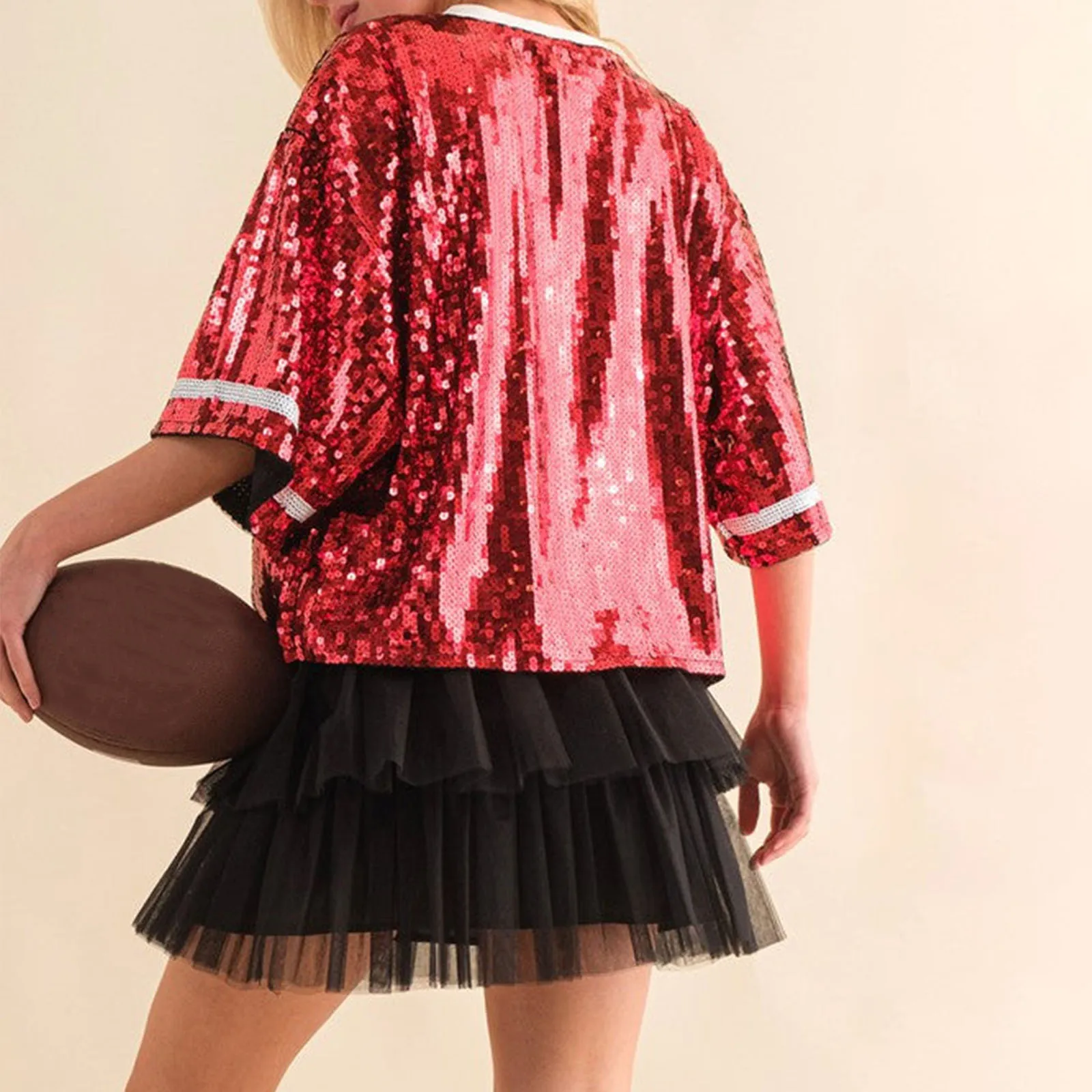Women's Fashion Sequin T Shirts Tops Round Neck Short Sleeve Rugby Print T Shirts Cheerleading Costume Ball Game Sports Tops - Image 3