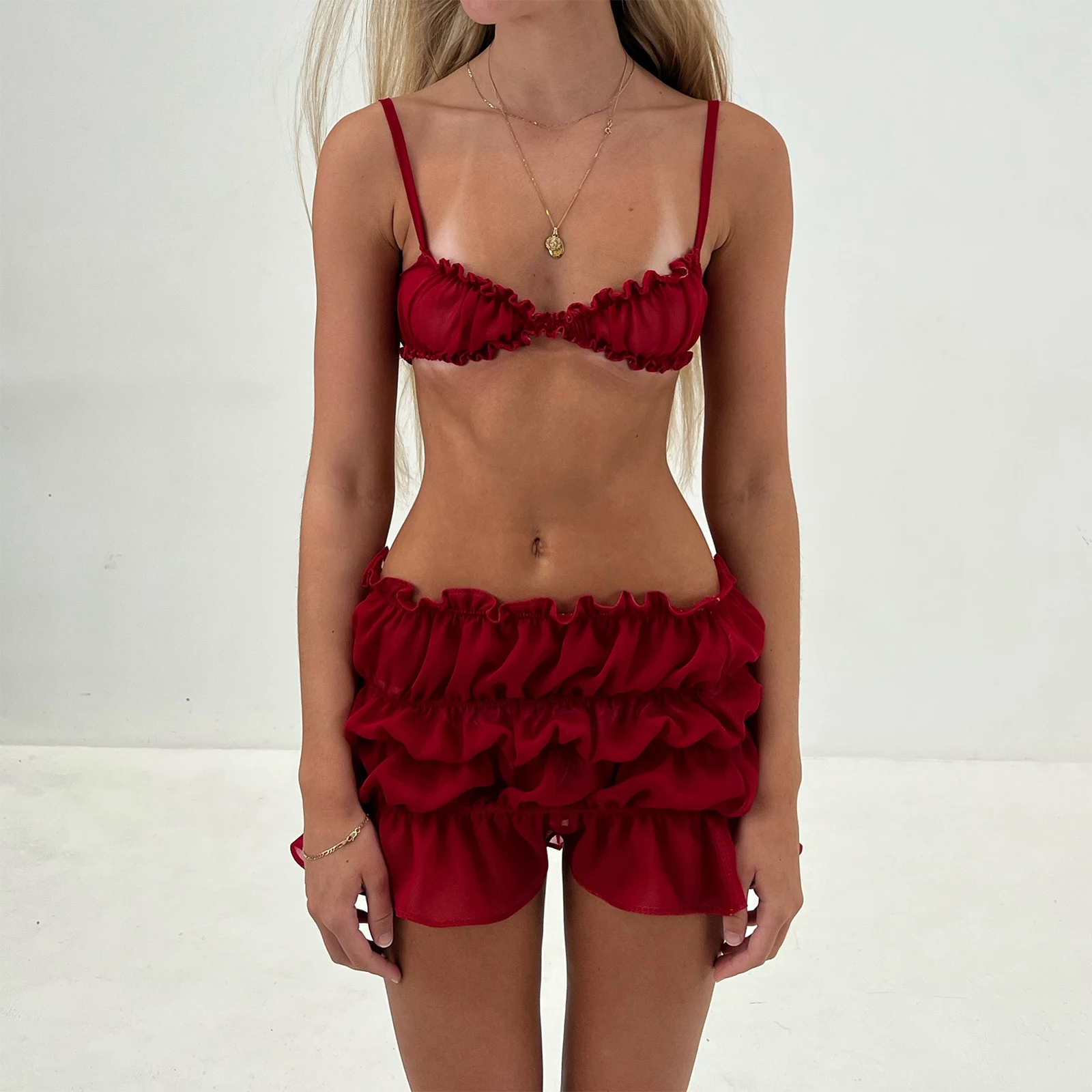 Women Sexy Two Piece Short Sets Sleeveless See-through Frills Cami Crop Tops and Elastic Waist Ruched Shorts Summer Outfits - Image 3