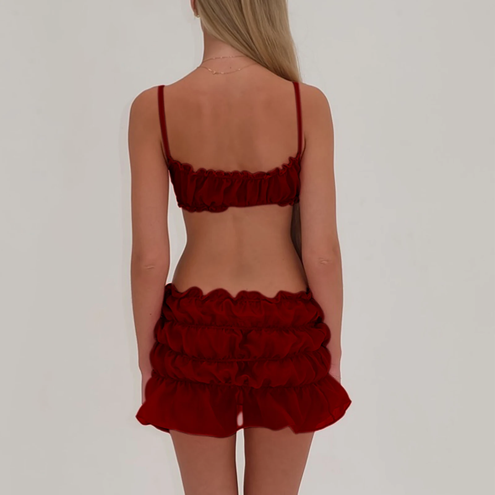 Women Sexy Two Piece Short Sets Sleeveless See-through Frills Cami Crop Tops and Elastic Waist Ruched Shorts Summer Outfits - Image 4