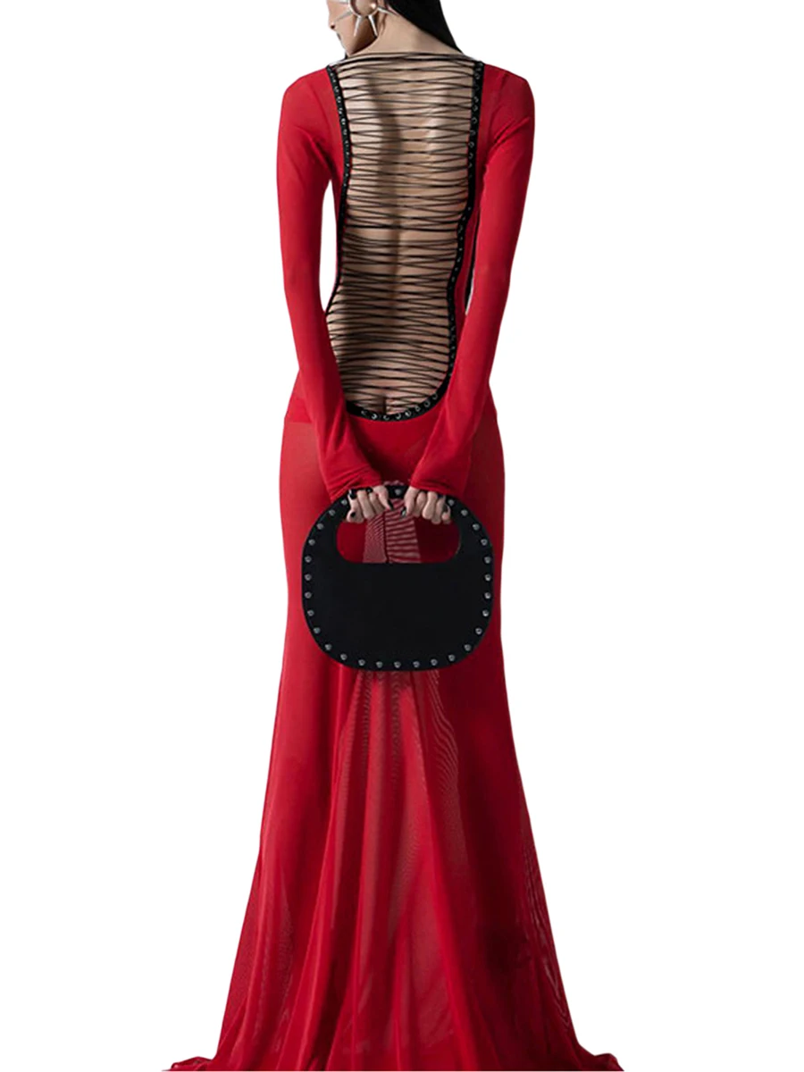 Women See-Through Bodycon Long Dress Solid Color Mesh Sheer Dress Long Sleeve Cross Tie-Up Backless Evening Party Dress - Image 5