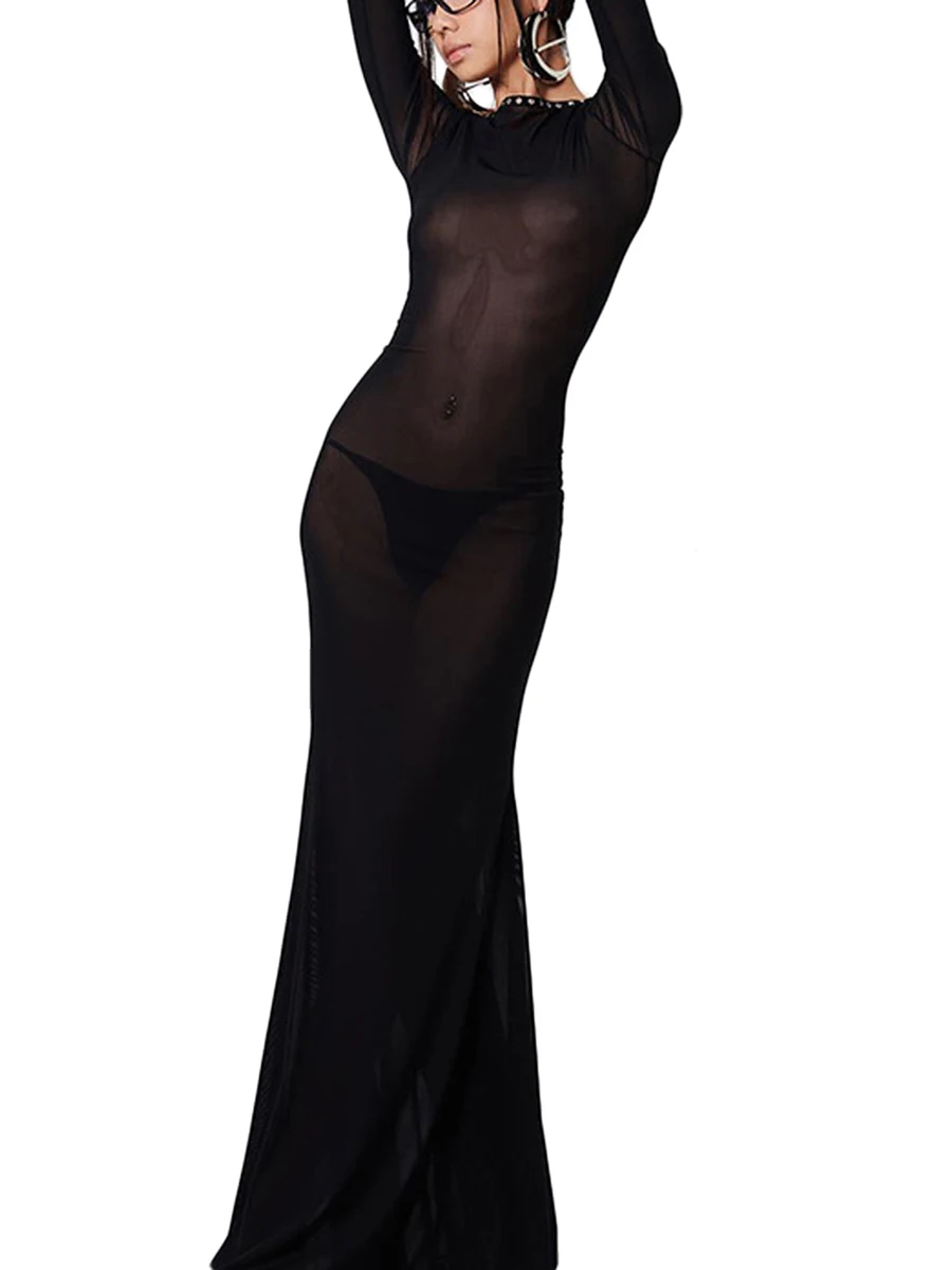 Women See-Through Bodycon Long Dress Solid Color Mesh Sheer Dress Long Sleeve Cross Tie-Up Backless Evening Party Dress - Image 2